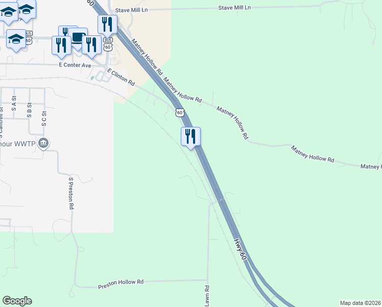 map of restaurants, bars, coffee shops, grocery stores, and more near 1580 East Clinton Road in Seymour