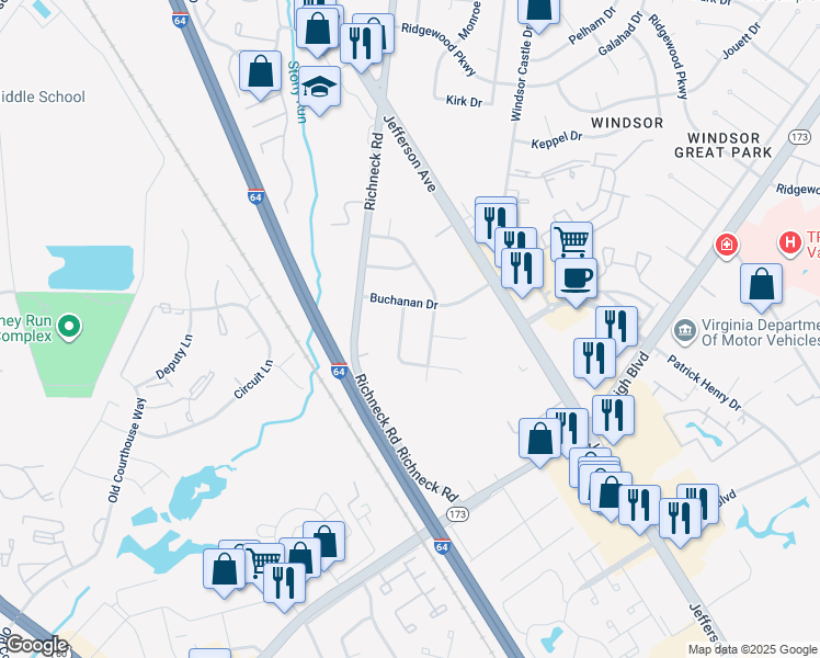 map of restaurants, bars, coffee shops, grocery stores, and more near 107 Tazewell Road in Newport News