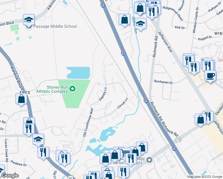map of restaurants, bars, coffee shops, grocery stores, and more near 302 Circuit Lane in Newport News