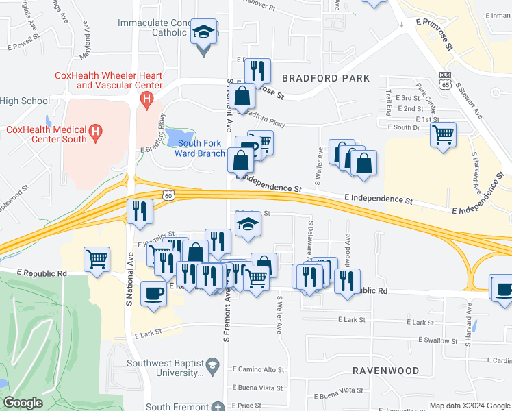 map of restaurants, bars, coffee shops, grocery stores, and more near 3950 South Fremont Avenue in Springfield