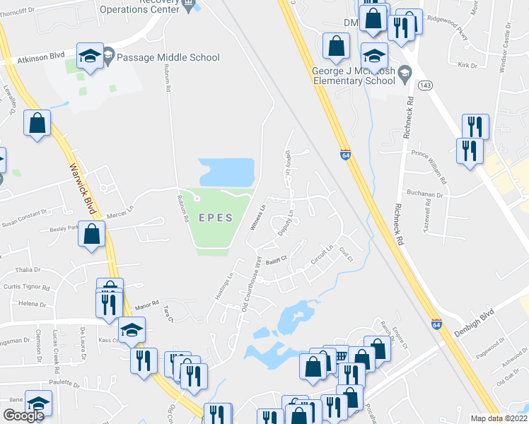 map of restaurants, bars, coffee shops, grocery stores, and more near 330 Witness Lane in Newport News