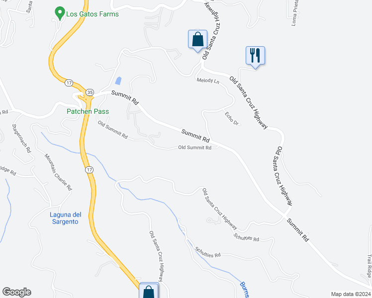 map of restaurants, bars, coffee shops, grocery stores, and more near 17520 Old Summit Road in Los Gatos