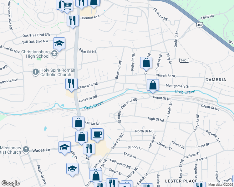 map of restaurants, bars, coffee shops, grocery stores, and more near 340 Lucas Street Northeast in Christiansburg