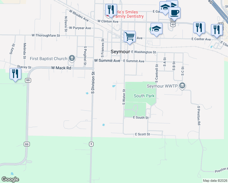 map of restaurants, bars, coffee shops, grocery stores, and more near 601-699 Boardwalk in Seymour