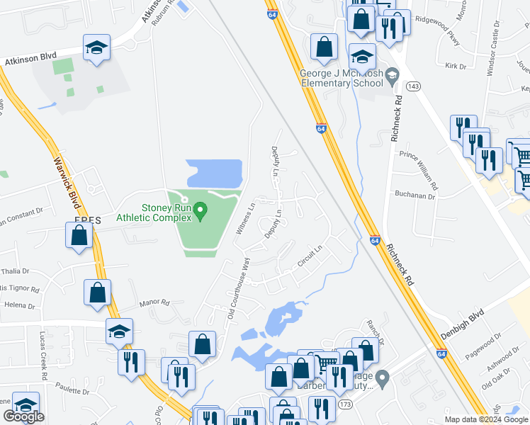 map of restaurants, bars, coffee shops, grocery stores, and more near 384 Deputy Lane in Newport News
