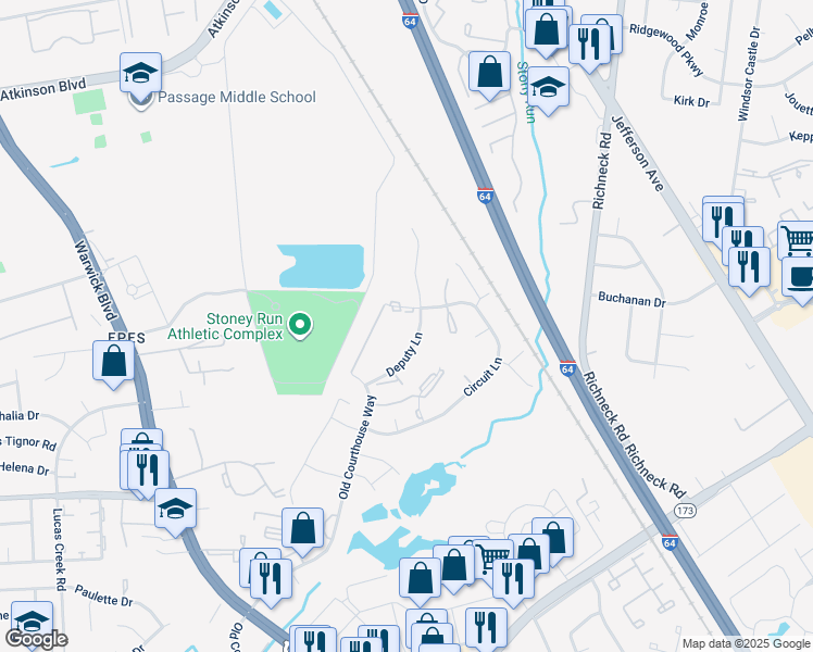map of restaurants, bars, coffee shops, grocery stores, and more near 382 Deputy Lane in Newport News