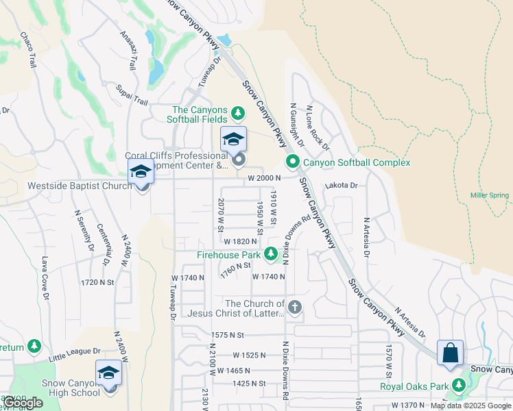 map of restaurants, bars, coffee shops, grocery stores, and more near 1927 1950 West Street in St. George