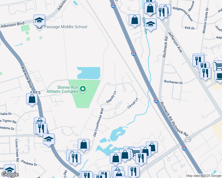 map of restaurants, bars, coffee shops, grocery stores, and more near 382 Deputy Lane in Newport News