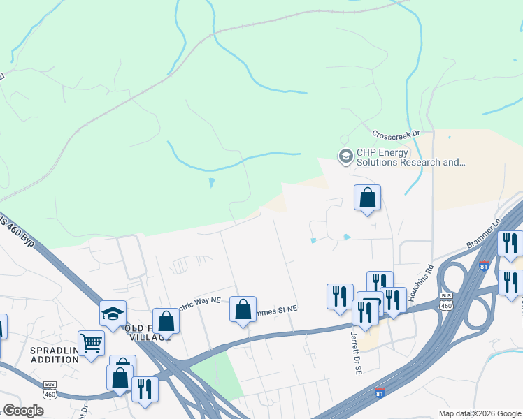 map of restaurants, bars, coffee shops, grocery stores, and more near 495 Simmons Road Northeast in Christiansburg