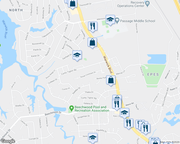 map of restaurants, bars, coffee shops, grocery stores, and more near 327 Susan Constant Drive in Newport News