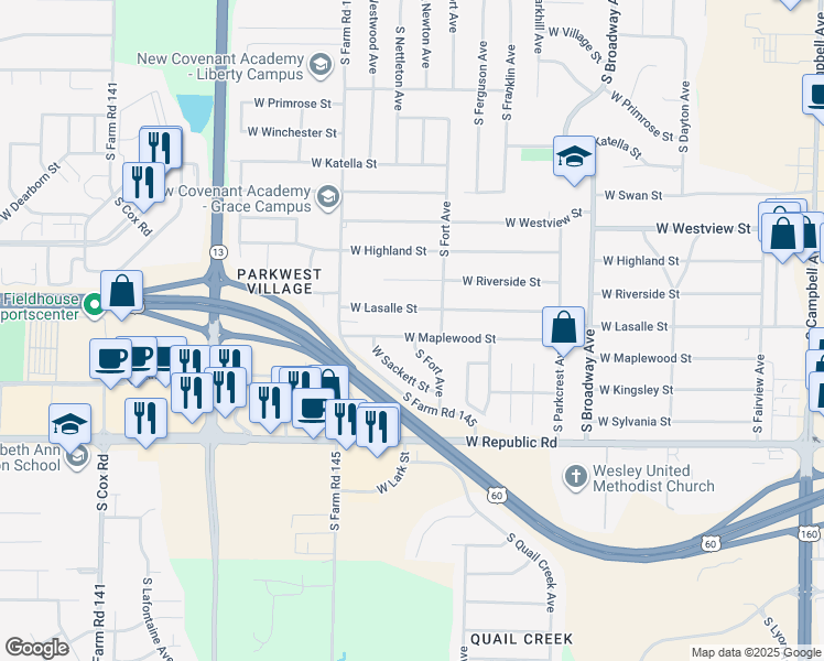 map of restaurants, bars, coffee shops, grocery stores, and more near 1414 West Maplewood Street in Springfield