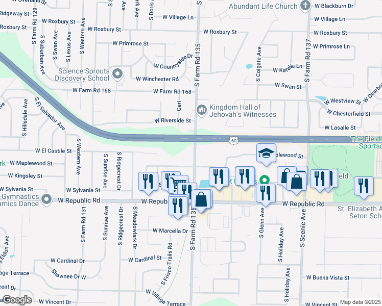 map of restaurants, bars, coffee shops, grocery stores, and more near 4015 South Farm Road 135 in Springfield