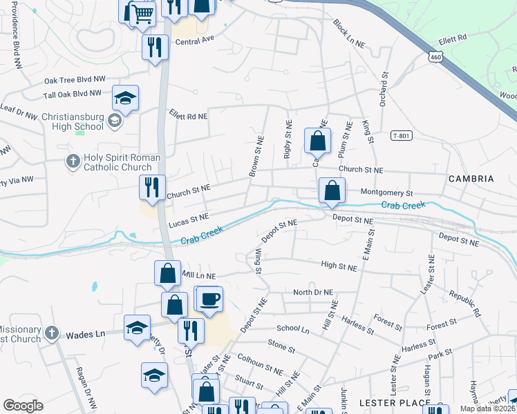 map of restaurants, bars, coffee shops, grocery stores, and more near 340 Lucas Street Northeast in Christiansburg