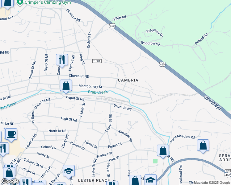map of restaurants, bars, coffee shops, grocery stores, and more near 1015 Montgomery Street in Christiansburg