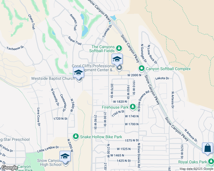 map of restaurants, bars, coffee shops, grocery stores, and more near 1937 North 2100 West in St. George