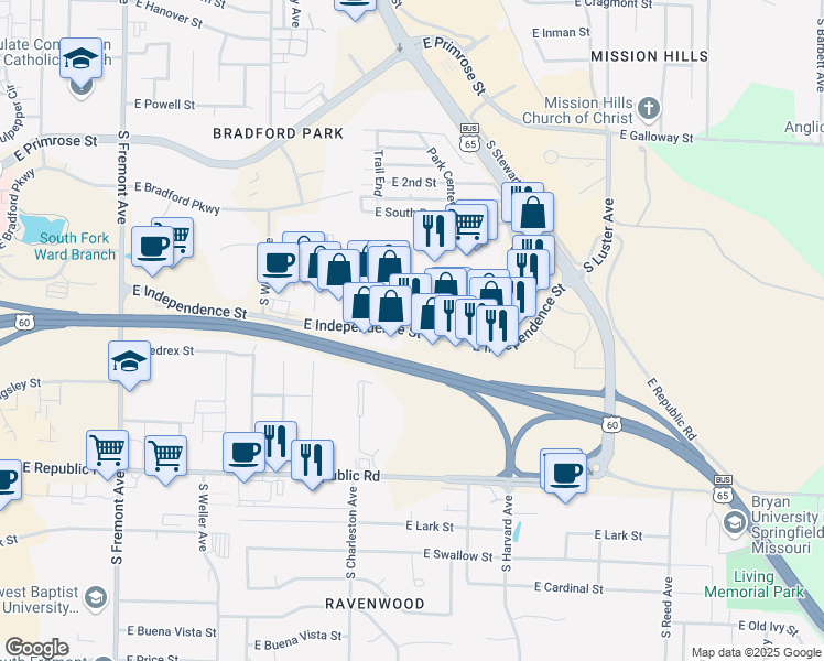 map of restaurants, bars, coffee shops, grocery stores, and more near 1909 East Independence Street in Springfield