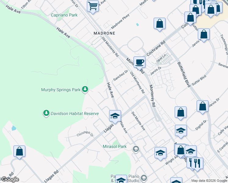 map of restaurants, bars, coffee shops, grocery stores, and more near 18520 Hale Avenue in Morgan Hill