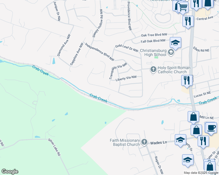 map of restaurants, bars, coffee shops, grocery stores, and more near 895 George Edward Via in Christiansburg
