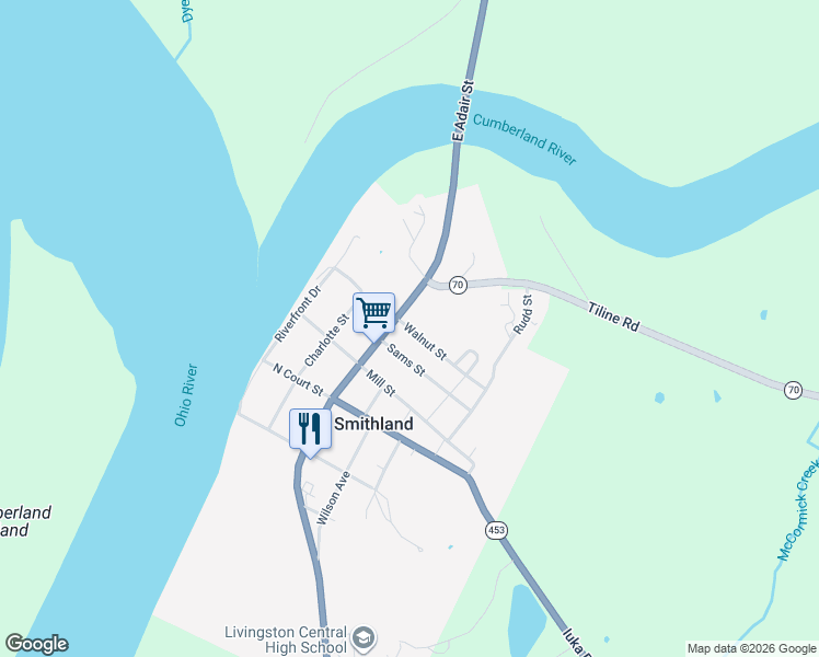 map of restaurants, bars, coffee shops, grocery stores, and more near Walnut Street in Smithland