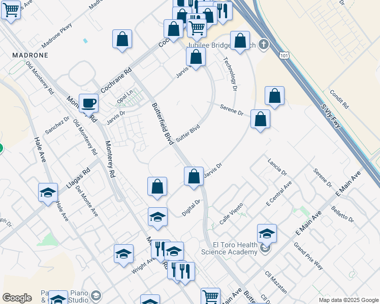 map of restaurants, bars, coffee shops, grocery stores, and more near 18220 Butterfield Boulevard in Morgan Hill