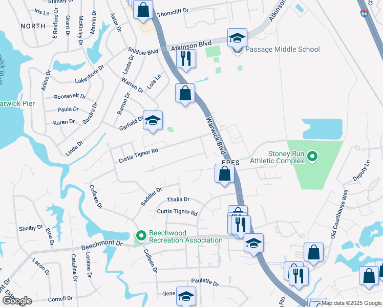 map of restaurants, bars, coffee shops, grocery stores, and more near 326 Susan Constant Drive in Newport News
