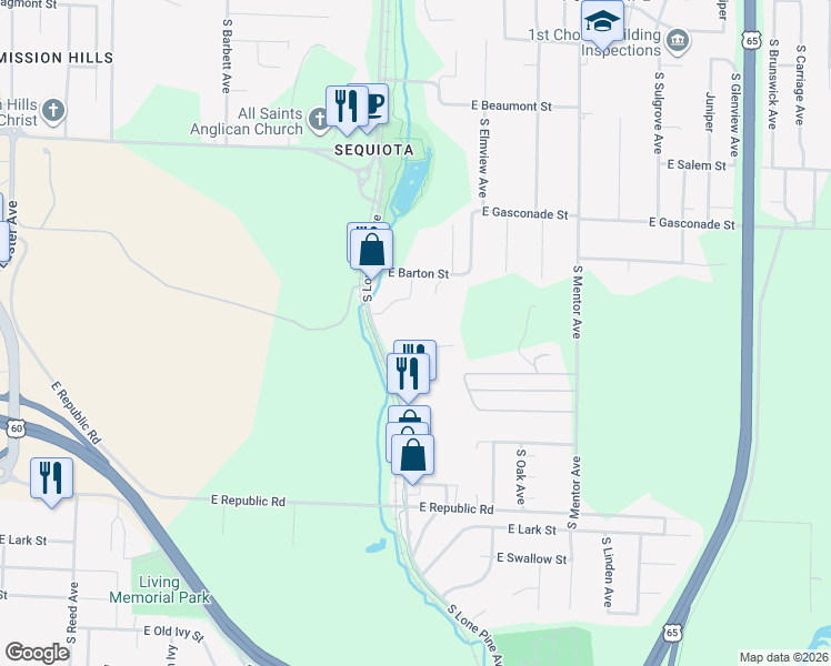 map of restaurants, bars, coffee shops, grocery stores, and more near 3900 South Lone Pine Avenue in Springfield