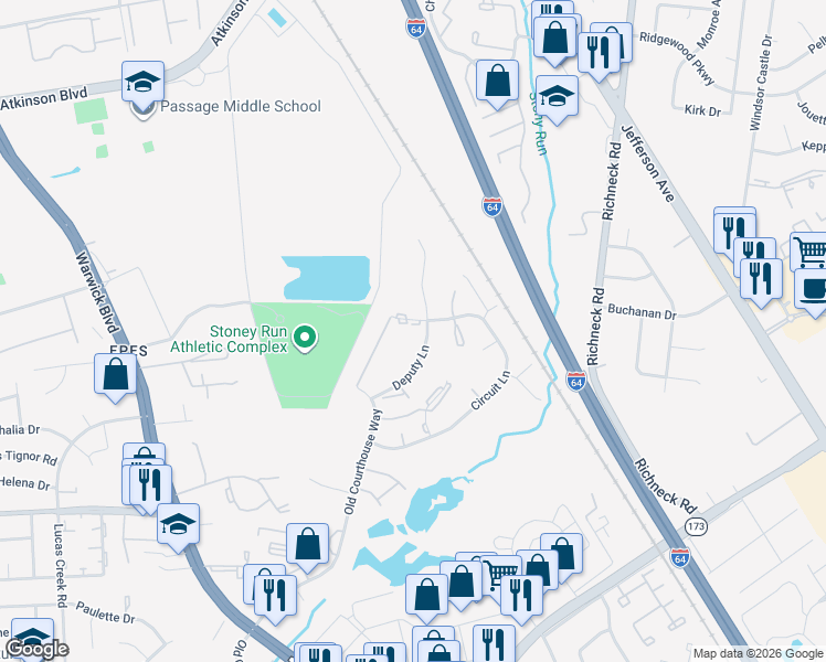 map of restaurants, bars, coffee shops, grocery stores, and more near 382 Deputy Lane in Newport News