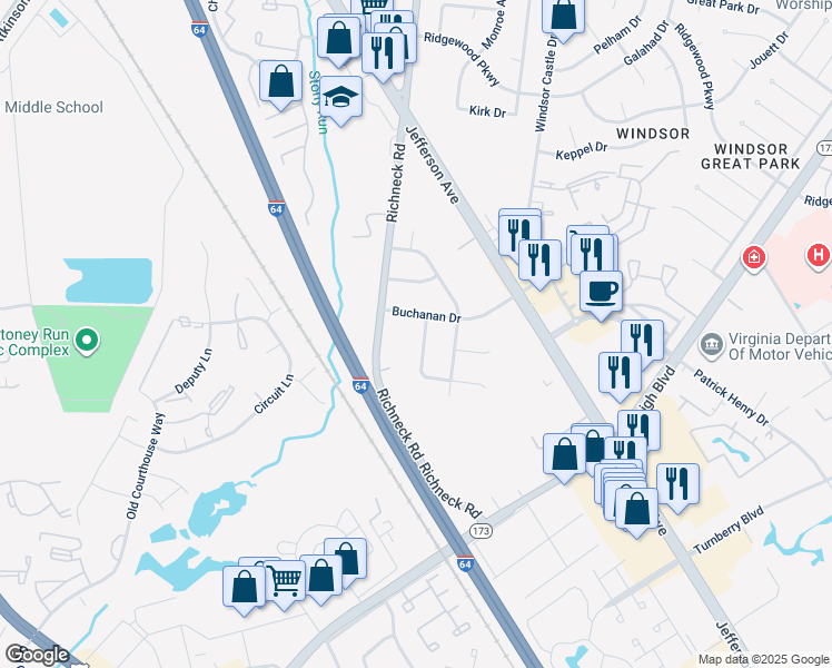 map of restaurants, bars, coffee shops, grocery stores, and more near 104 Tazewell Road in Newport News