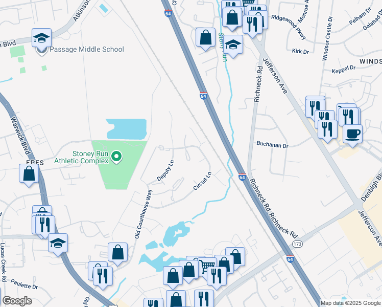 map of restaurants, bars, coffee shops, grocery stores, and more near 308 Circuit Lane in Newport News