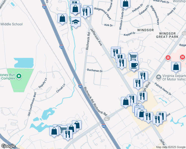 map of restaurants, bars, coffee shops, grocery stores, and more near 104 Tazewell Road in Newport News