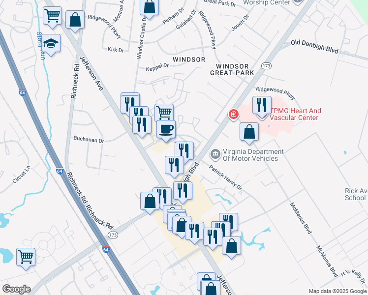 map of restaurants, bars, coffee shops, grocery stores, and more near 650 Stoney Creek Lane in Newport News