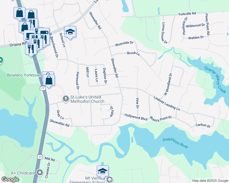 map of restaurants, bars, coffee shops, grocery stores, and more near 703 Ella Taylor Road in Yorktown