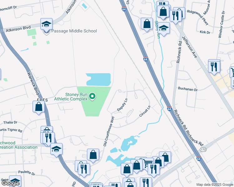 map of restaurants, bars, coffee shops, grocery stores, and more near 330 Witness Lane in Newport News