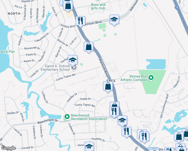 map of restaurants, bars, coffee shops, grocery stores, and more near 363 Susan Constant Drive in Newport News