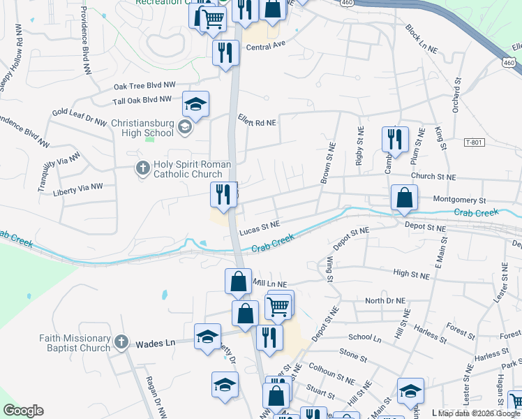 map of restaurants, bars, coffee shops, grocery stores, and more near 100 Montgomery Street in Christiansburg