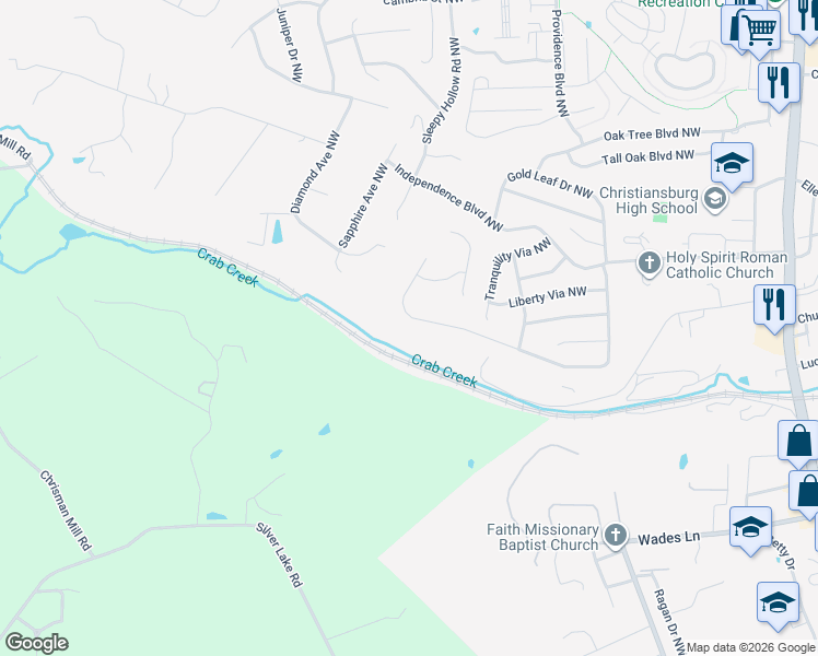 map of restaurants, bars, coffee shops, grocery stores, and more near 810 George Edward Via in Christiansburg
