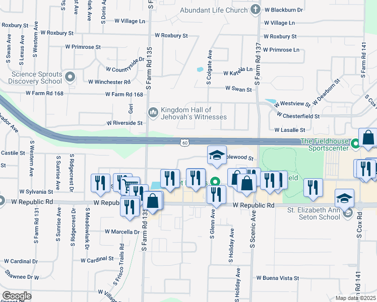 map of restaurants, bars, coffee shops, grocery stores, and more near 4042 South Hillcrest Avenue in Springfield