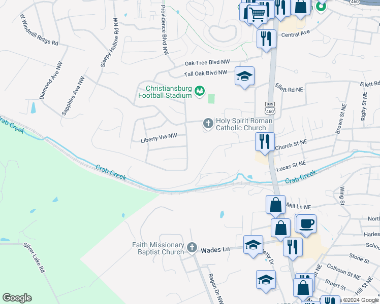 map of restaurants, bars, coffee shops, grocery stores, and more near 1100 George Edward Via Northwest in Christiansburg