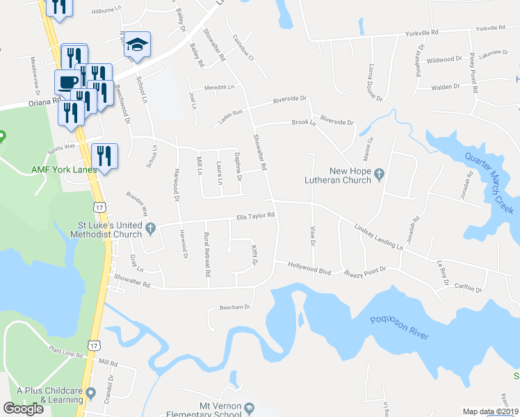 map of restaurants, bars, coffee shops, grocery stores, and more near 703 Ella Taylor Road in Yorktown