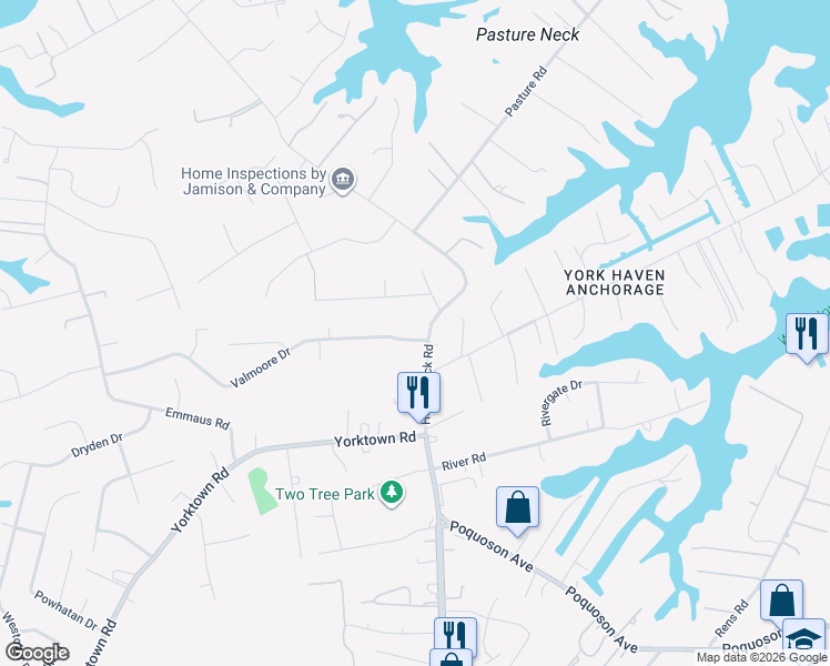 map of restaurants, bars, coffee shops, grocery stores, and more near 14 Hunts Neck Road in Poquoson