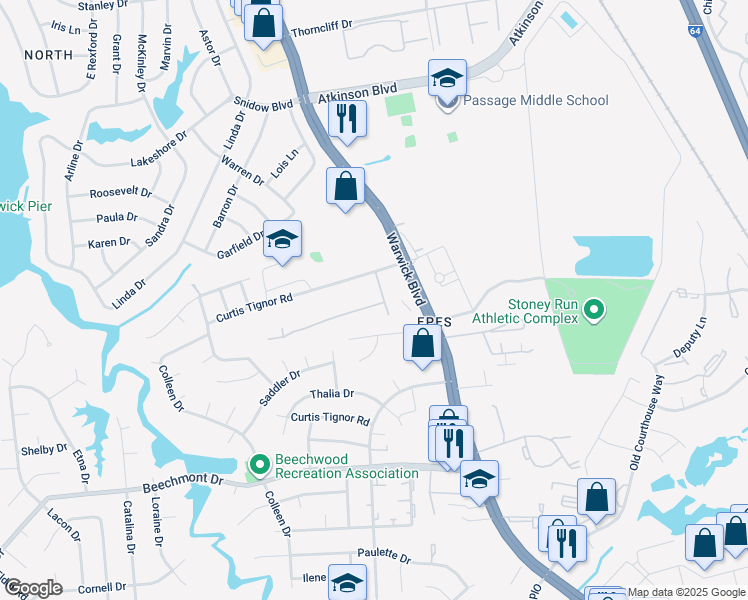 map of restaurants, bars, coffee shops, grocery stores, and more near 378 Susan Constant Drive in Newport News