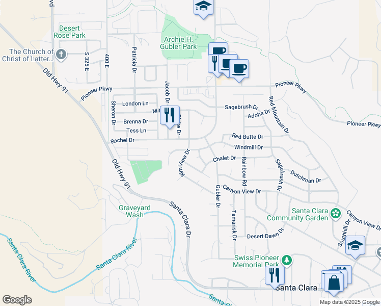 map of restaurants, bars, coffee shops, grocery stores, and more near 3719 Windmill Drive in Santa Clara
