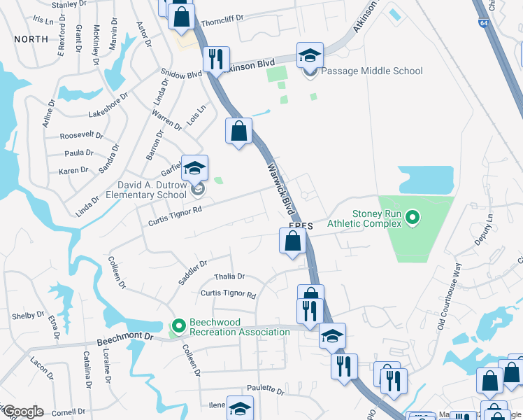 map of restaurants, bars, coffee shops, grocery stores, and more near 377 Susan Constant Drive in Newport News