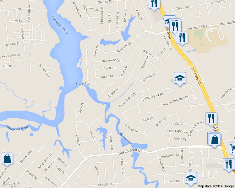 map of restaurants, bars, coffee shops, grocery stores, and more near 67 Linda Drive in Newport News