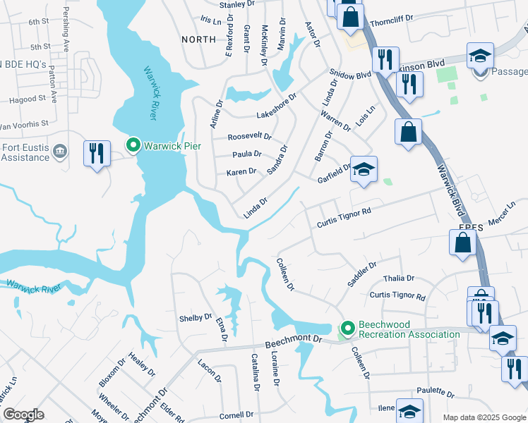 map of restaurants, bars, coffee shops, grocery stores, and more near 67 Linda Drive in Newport News
