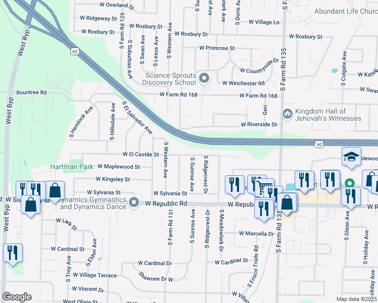 map of restaurants, bars, coffee shops, grocery stores, and more near 4031 S Sunrise Ave in Springfield