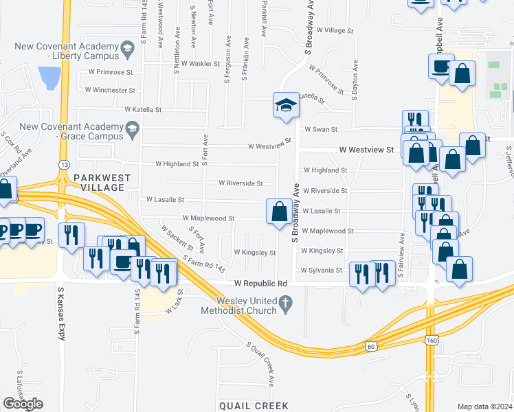 map of restaurants, bars, coffee shops, grocery stores, and more near 1116 West Lasalle Street in Springfield