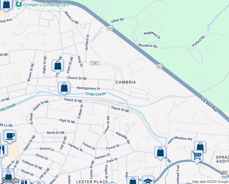 map of restaurants, bars, coffee shops, grocery stores, and more near 1015 Montgomery Street in Christiansburg