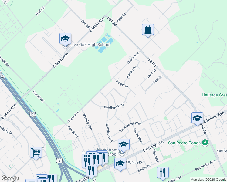 map of restaurants, bars, coffee shops, grocery stores, and more near 17460 Shelton Way in Morgan Hill