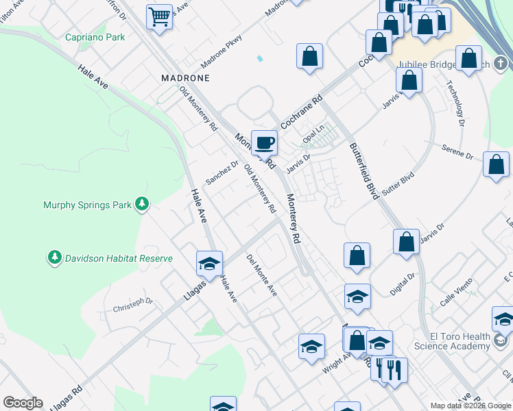 map of restaurants, bars, coffee shops, grocery stores, and more near 183 Sierra Court in Morgan Hill